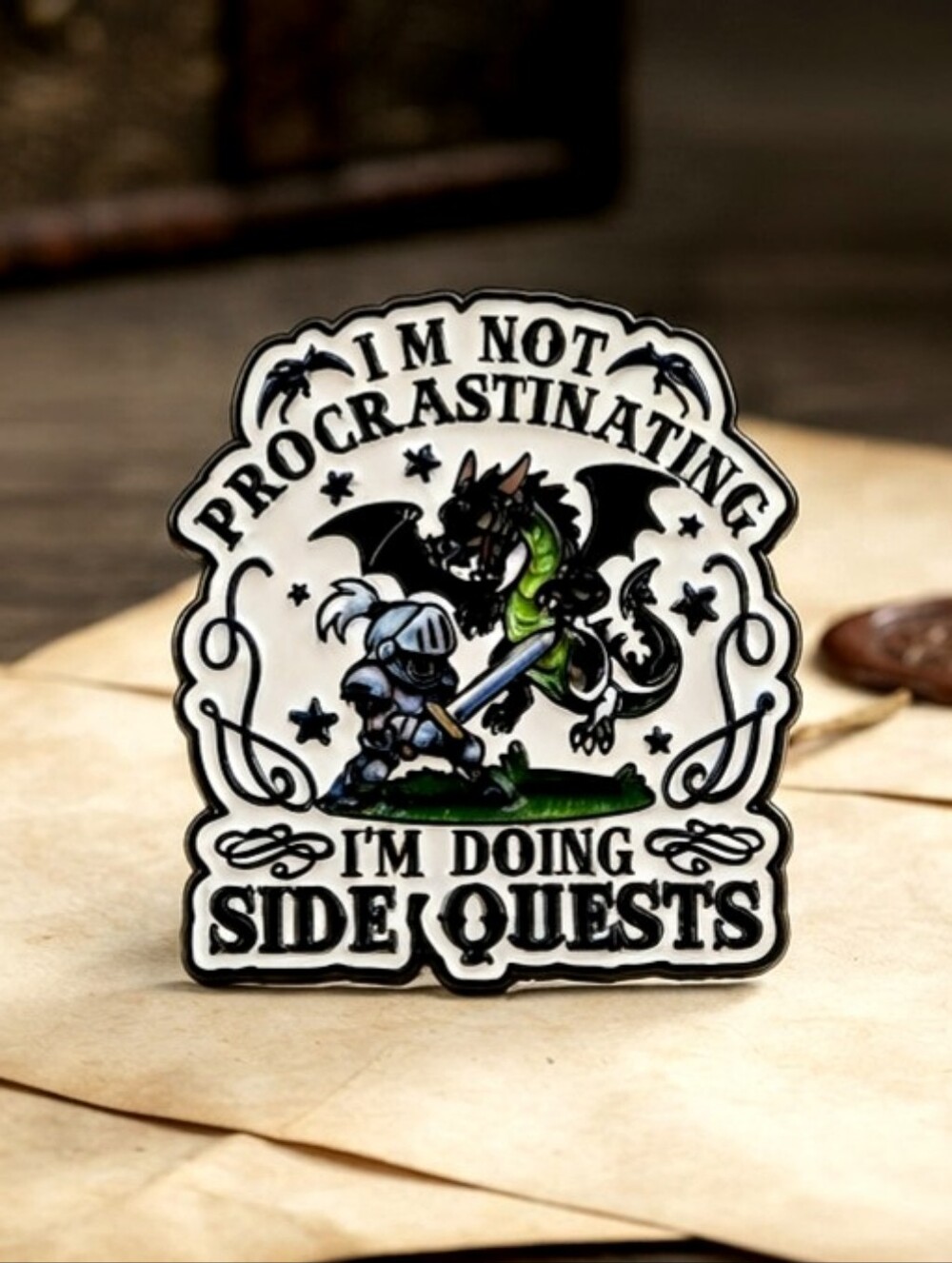 "I'm Not Procrastinating" Gaming Enamel Pin | Knight & Dragon Side Quest Meme